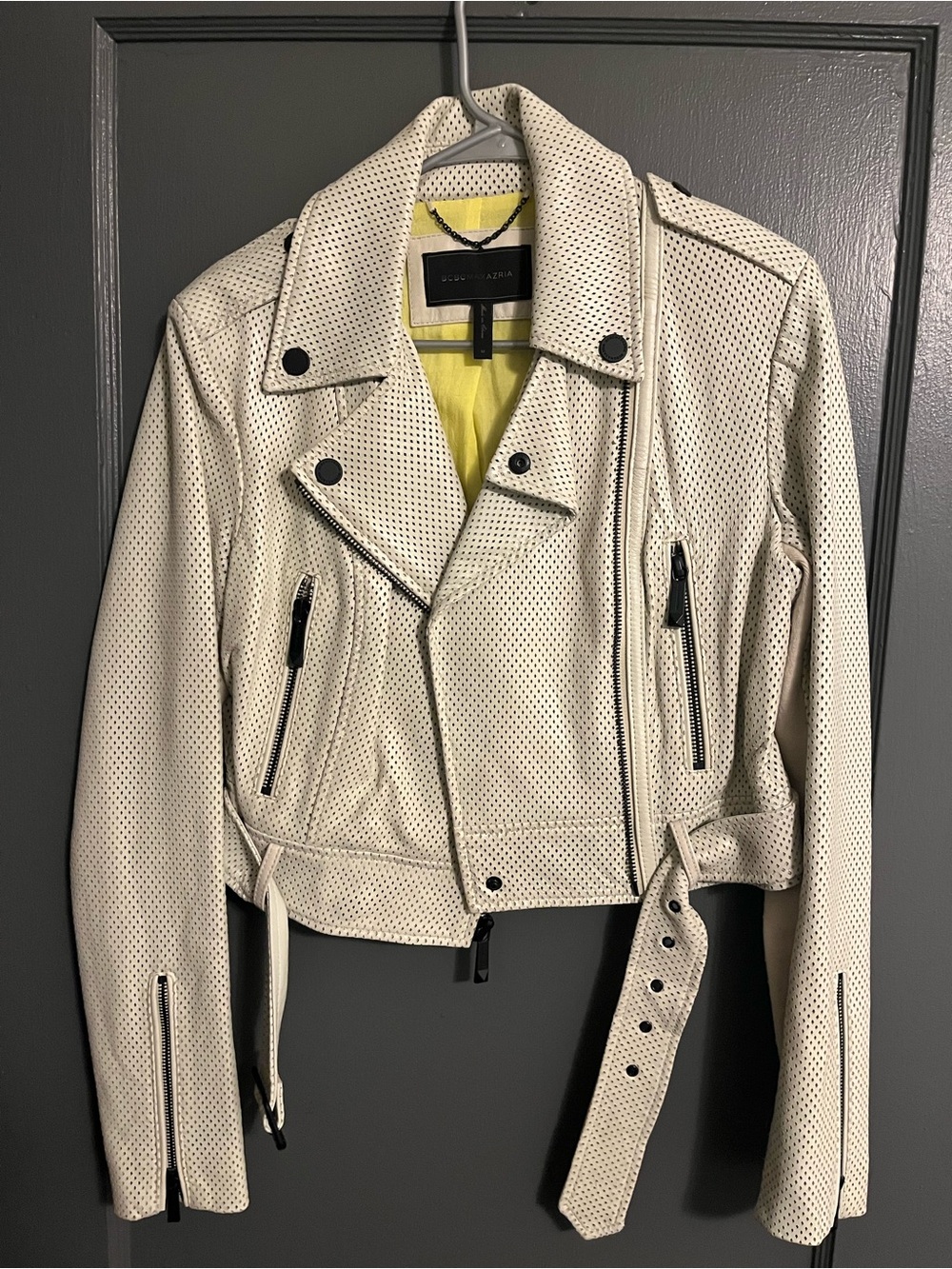 BCBGMaxAzria Ivory Perforated Moto Jacket with Yellow Lining